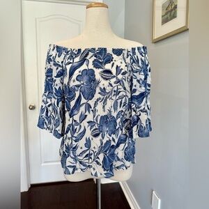 H&M Off Shoulder Floral Top Blouse Tropical Blue with Bell Sleeves - Size 6